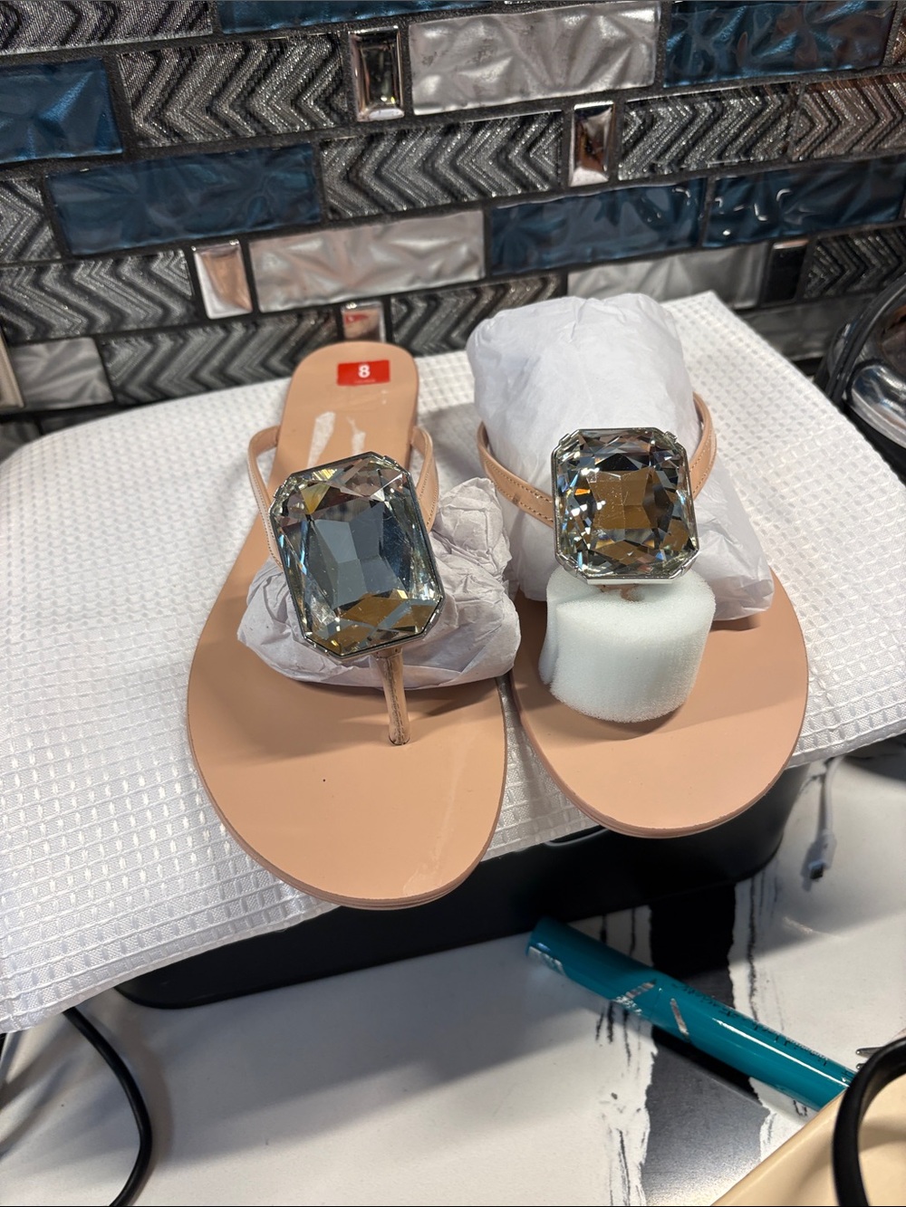 Women’s Nude Jeweled Toe-Post Sandals with Large Faceted Jewel